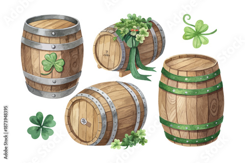 St. Patrick’s Day Watercolor Beer Barrel Vector pack, Irish Celebration Clipart Isolated on White Background