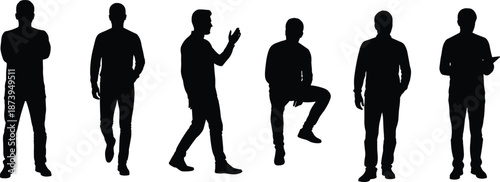 Black silhouettes of men in casual clothing featuring various poses including standing with crossed arms, walking, sitting, and holding tablets