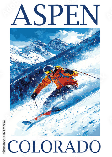 Dynamic Skiing Action Poster Aspen Colorado Winter Sports Vector Illustration
