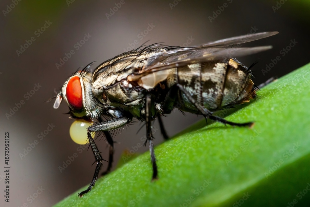 Naklejka premium Macro shot of a fly regurgitating digestive juices.
