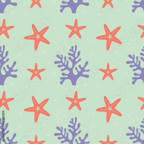 Starfish and corals, the seabed, summer vacations, the underwater world with marine life. Life on the ocean floor. Vector illustration
