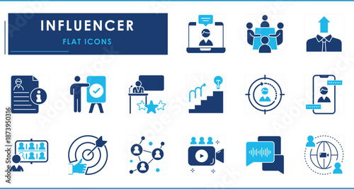 A set of flat icons related to Influencer. People, chat, business, talk, influence, learn, knowledge, strategy, development, management, and so on.