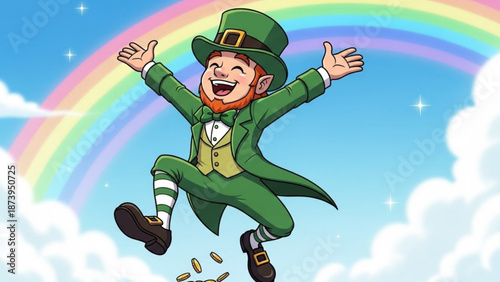 A cheerful leprechaun in a green suit jumping with joy under a vibrant rainbow with coins falling from his pockets on a bright blue sky background with fluffy white clouds