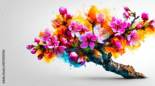 Vibrant Pink Cherry Blossom Tree in Colorful Abstract Watercolor Art on White Background. AI generative