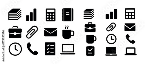 Office icon set: books, graphs, calculators, clocks, laptops, briefcases, mugs, phones