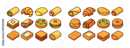 Assorted cartoon breakfast foods including sandwiches, croissants, and bagels