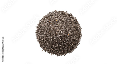 Dark, tiny, oval chia seeds forming a mound on a pristine matte white ceramic plate, flat lay, top-down, soft high-key studio light, sharp focus, concept of healthy eating and wellness