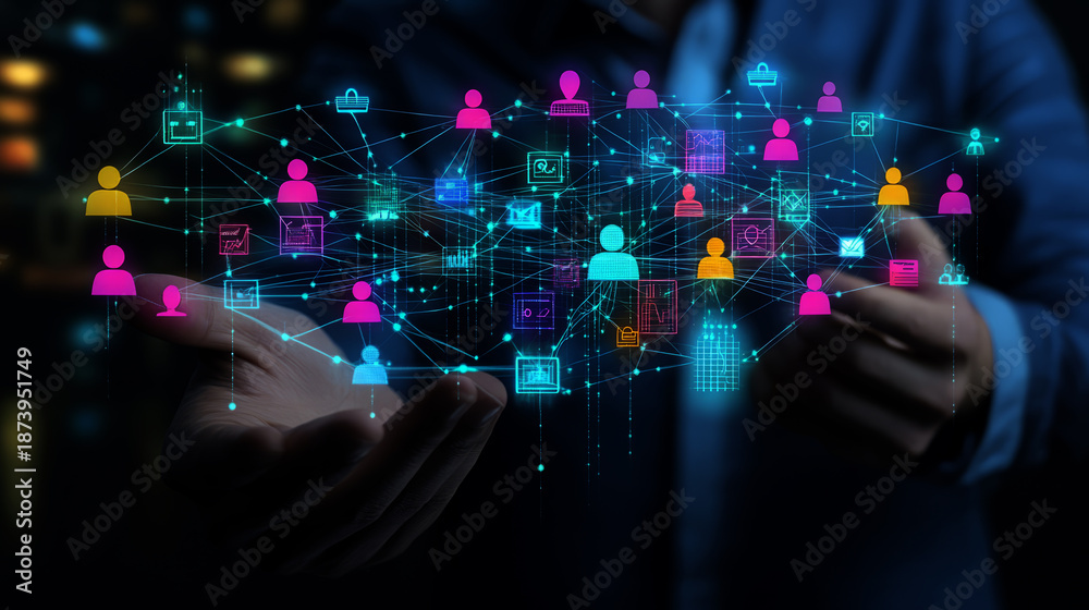 Obraz premium businessman holding a digital social network connection with people icons on a virtual screen