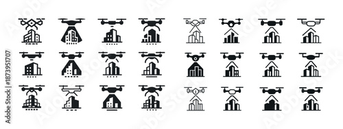 Set of drone and building icons in row grid pattern