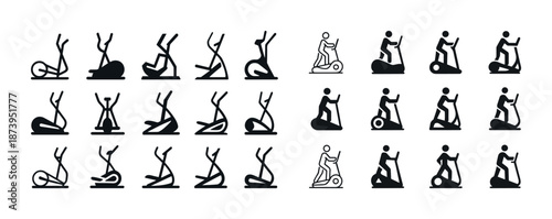 Collection of stick figure icons demonstrating various fitness and exercise equipment