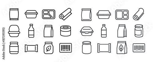 Variety of food packaging icons: containers, bottles, jars, wraps, and boxes
