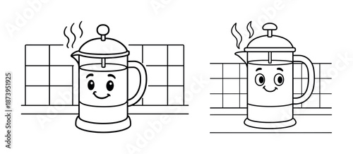Cute cartoon french press coffee makers with smiling faces in a kitchen setting