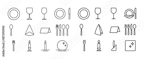 Line art dining and tableware icons including plates, glasses, utensils, napkins, candles