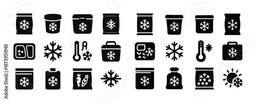 Collection of black freezer and thermometer icons with snowflake designs