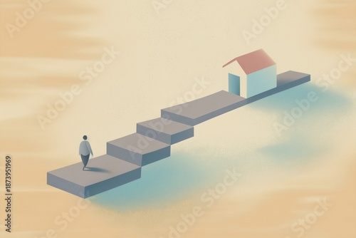 Minimalist editorial illustration of a person walking up abstract steps toward a small house, symbolizing step-by-step progress, housing support, and a path to stability.