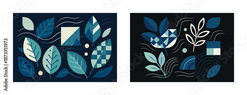 Abstract geometric plant illustrations in blue and black tones