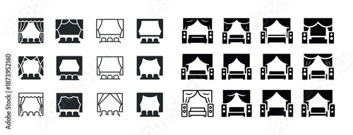 Collection of home theater and window curtain icons in black and white