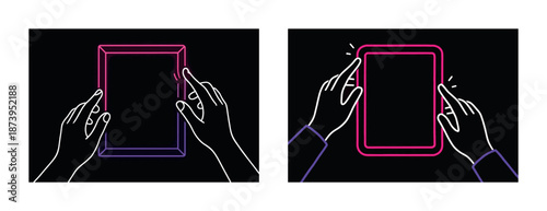 Interactive touchscreen display with hand gestures on black background