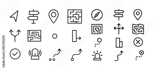 Navigation and direction icons set featuring arrows maps and signs in line style