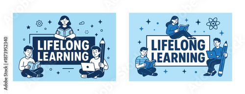 Lifelong learning concept with diverse young adults engaging in educational activities