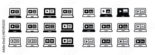 Collection of laptop icons with graphs and video screens