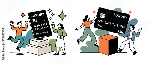 Animated figures with giant credit cards celebrating financial success