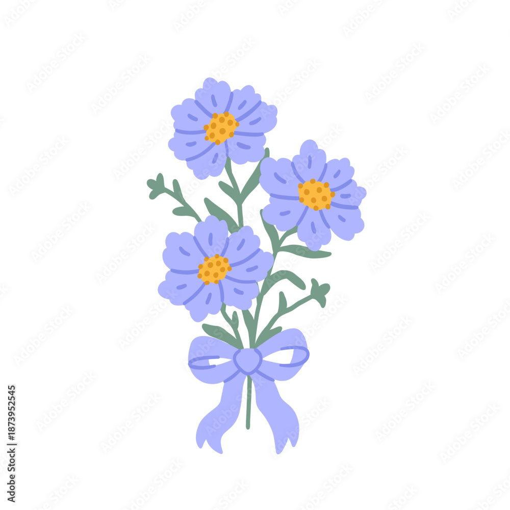 Obraz premium Spring or summer bouquet of flower decorated with purple bowknot. Beautiful floral bunch with blooms, leaves