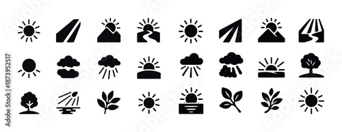 Set of 24 black weather and nature icons featuring sun, cloud, tree, and sky elements