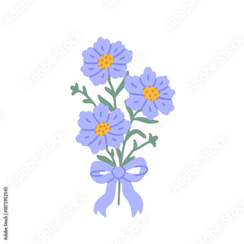 Spring or summer bouquet of flower decorated with purple bowknot. Beautiful floral bunch with blooms, leaves