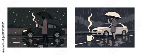 Female under umbrella with coffee beside car in rainy weather scene