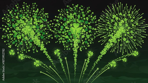 Vibrant green firework explosions on dark background with sparkling embers and glowing trails with fireworks and festive and celebration and nighttime