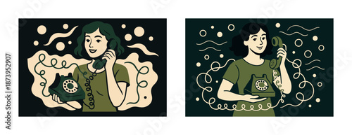 Retro style illustrations of caucasian female using vintage rotary phone
