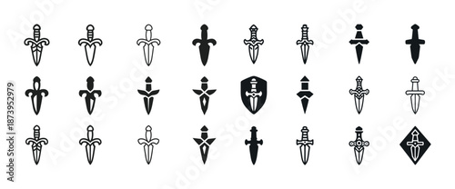 Collection of various black dagger icons on white background