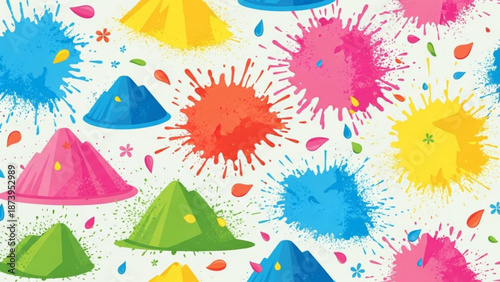 Vibrant colorful powder piles and paint splatters on white background for creative design with holi and festival and art and abstract and playful