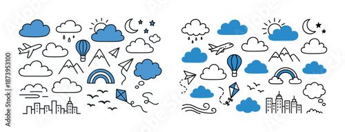 Doodle icons: sky, weather, and urban themes with mountains