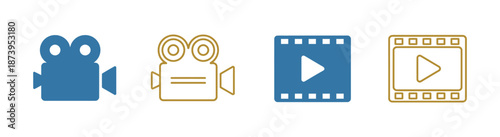 Video and film shooting icon set, camera, clapboard & film symbols for app, website, design element on transparent background 