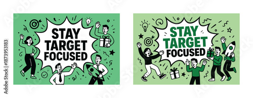 Motivational illustration with energetic team and inspiring message on green background