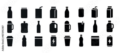 Silhouette icons of various beverage containers in different shapes and sizes