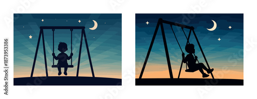 Silhouette of child swinging under moonlit sky at dusk