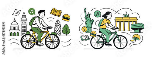 Young travelers exploring iconic landmarks by bike in london and new york city