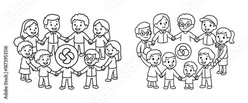 Diverse cartoon characters forming circle in unity