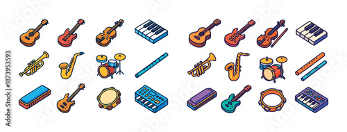 Colorful array of musical instruments - guitars, drums, saxophones, keyboards, harmonicas