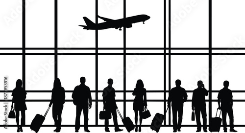 Black silhouette of travelers with luggage in airport terminal window with airplane taking off in background for travel tourism and transportation concept art