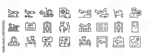 Airport icons set featuring planes, luggage, boarding, security, and navigation symbols