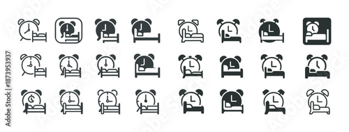 Set of alarm clock and bed icons representing sleep and wake-up times