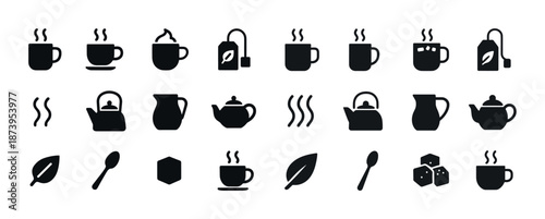 Tea icons collection: cups, kettles, tea bags, leaves, spoons, sugar cubes