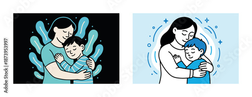 Mother and son embrace - illustrations of caucasian woman and child in warm hugs