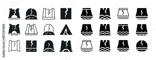 Earthquake and tsunami icons collection: cracked structures and waves