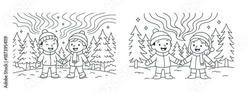 Children holding hands in winter forest coloring page
