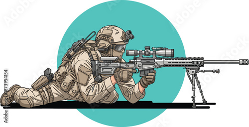 Military sniper in full tactical gear aiming long range rifle on bipod against teal circular background for army defense and warfare gaming concepts